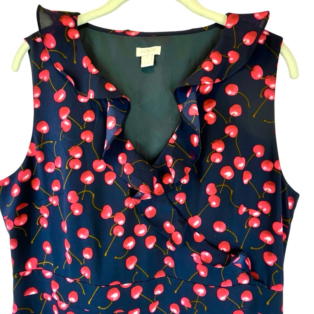J Crew Factory Cherry Print Dress Ruffled Neck and Hemline Faux Wrap Navy Red 12 - Picture 4 of 11